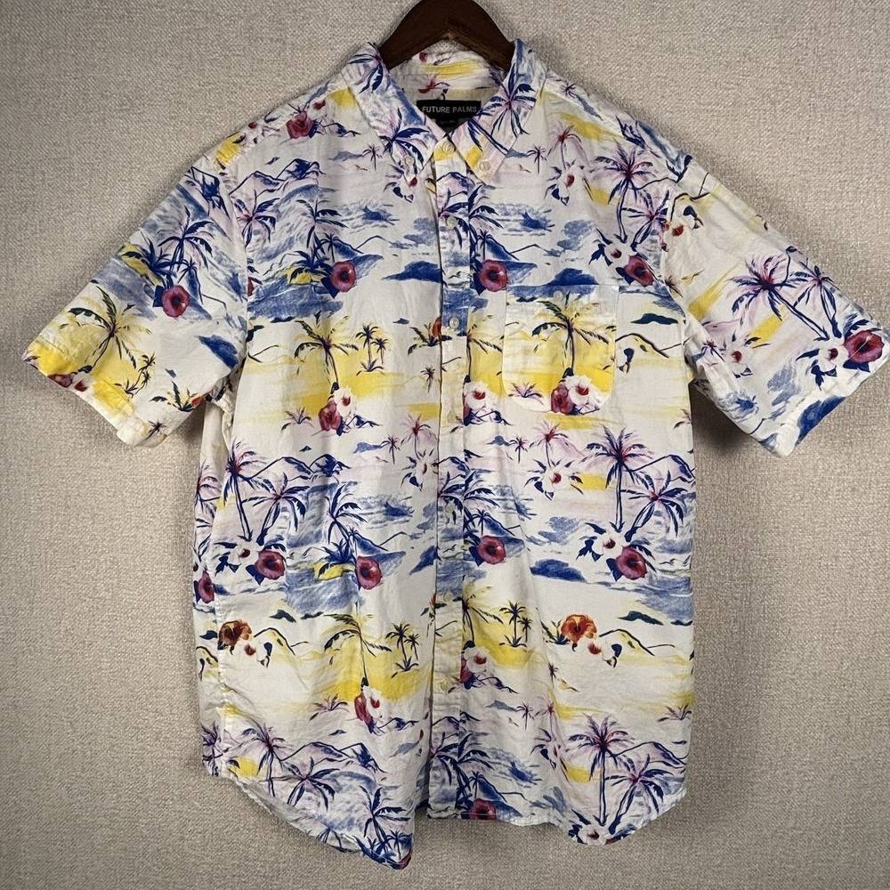 Future Palms Mens XL Tropical Palm Tree Hibiscus Button Down Shirt 100% Cotton